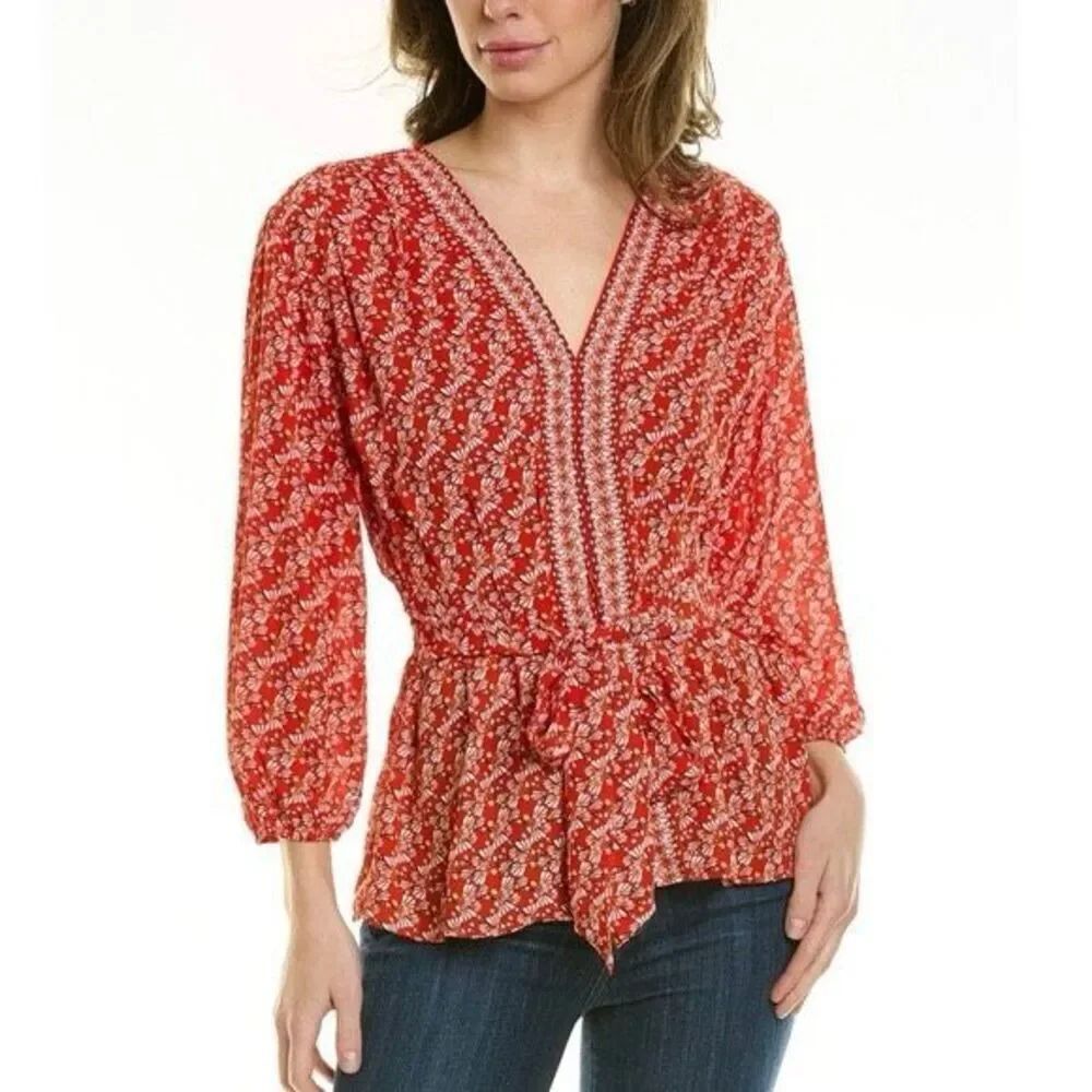Max Studio Front Tie Blouse Size XS Red & White Floral Long Sleeve Boho V-Neck
